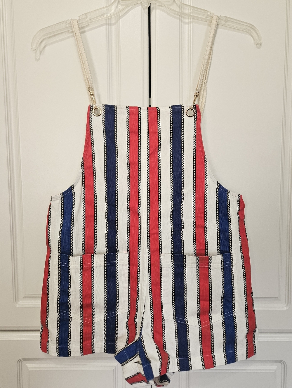 SHOW ME YOUR MUMU Trude Romper Yacht Club Stripe Denim Overalls Nautical Small